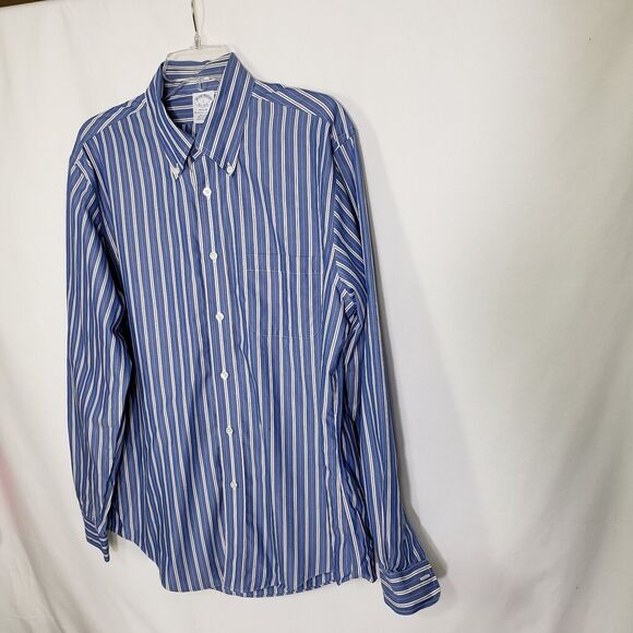 Brooks Brothers Men Shirt Large Regent Blue White Striped Non Iron Supima Cotton - Picture 5 of 10